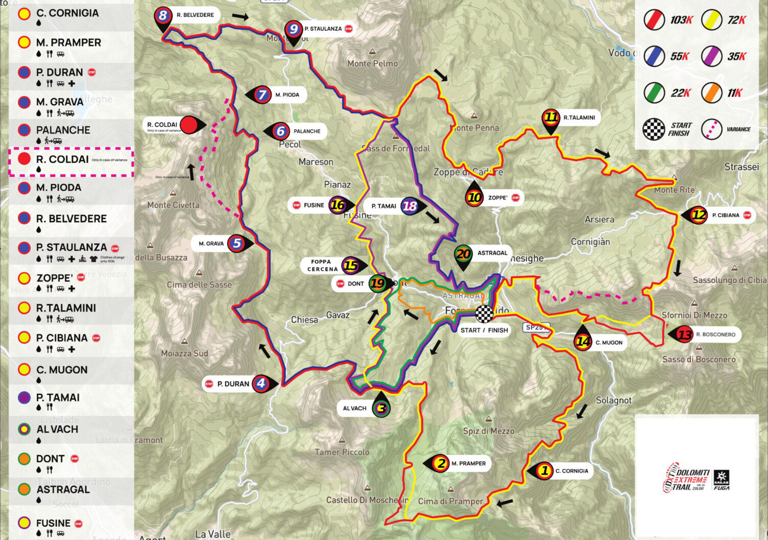 Map of access and aid points along the Dolomiti Extreme Trail course