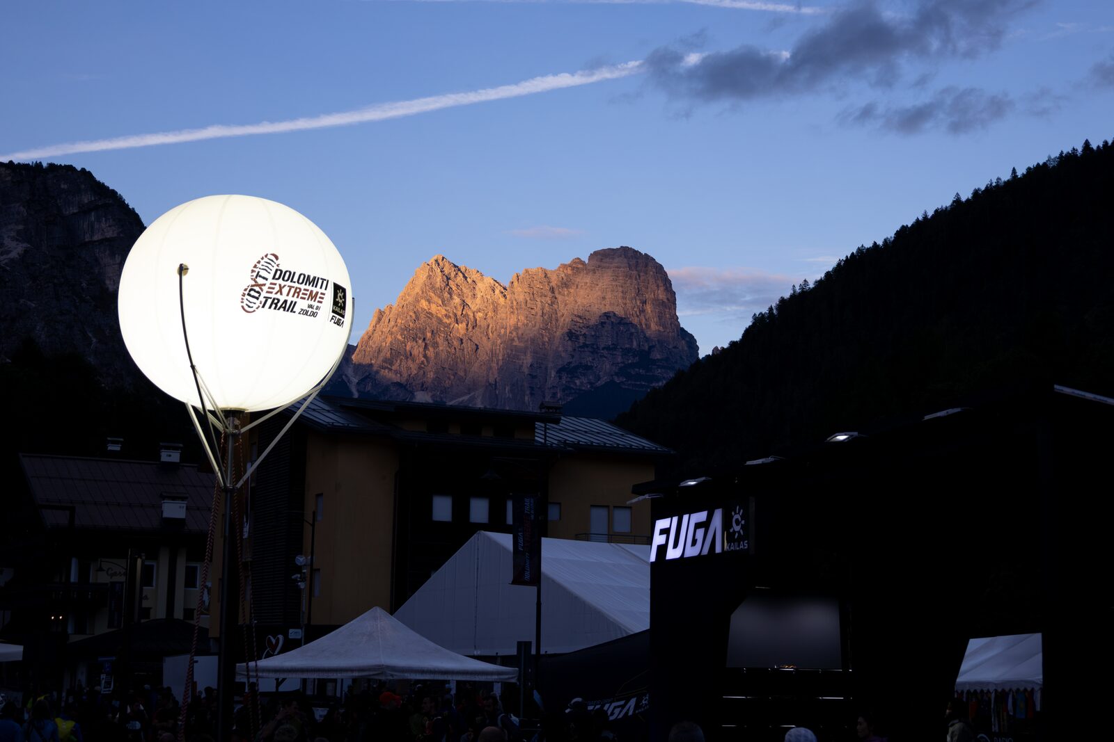 The DXT light balloon at the Village, at sunset over the Dolomites